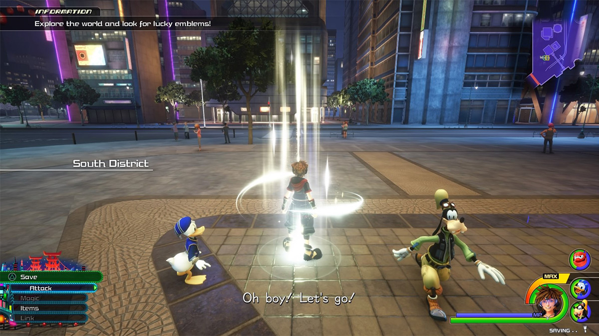 Sora at the South District: Night save point / Kingdom Hearts 3