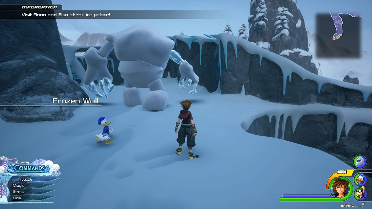 Sora walking down the path along the Frozen Wall area / Kingdom Hearts 3