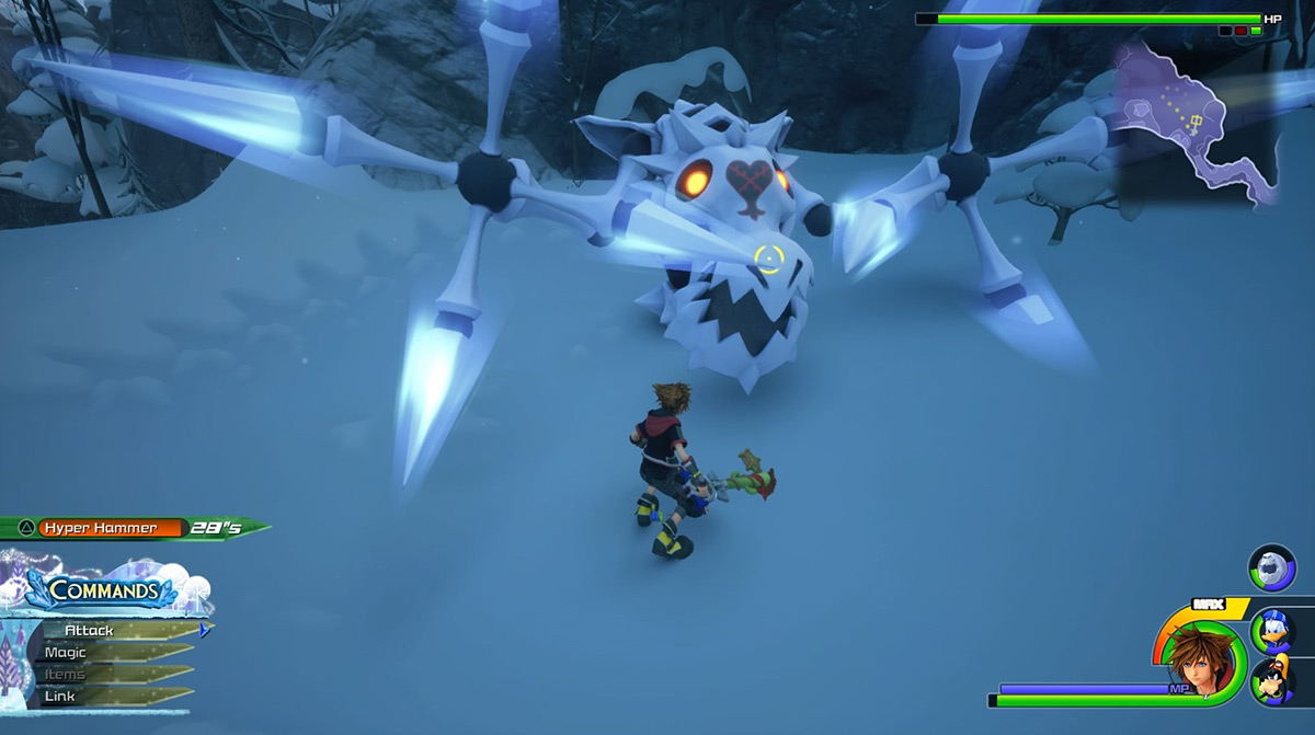 A Frost Serpent pounces at sora from beneath the snow / Kingdom Hearts 3