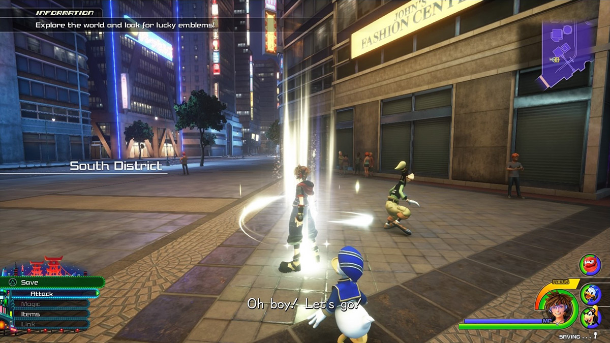 Sora at the South District: Night save point / Kingdom Hearts 3