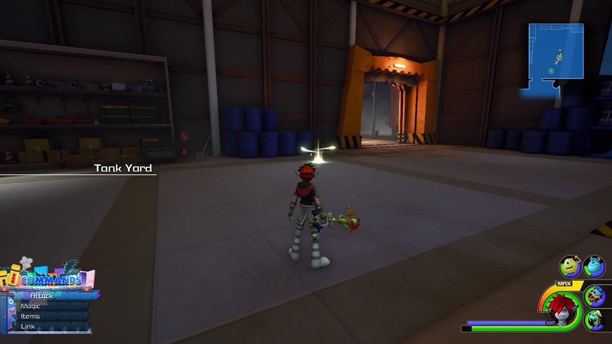 Sora at the Tank Yard save point / Kingdom Hearts 3