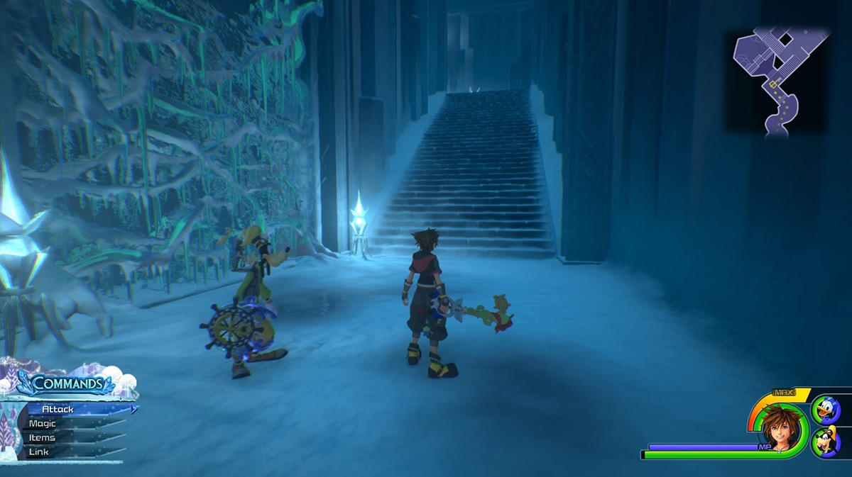 Break the ice wall to the left and head inside / Kingdom Hearts 3