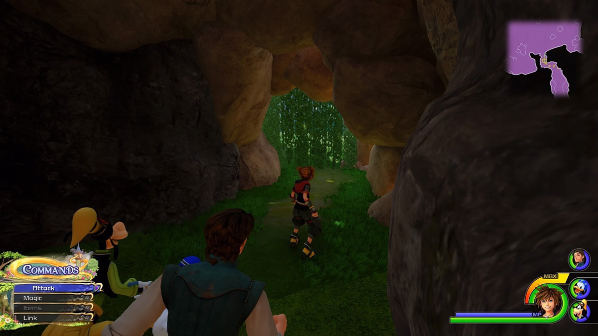 Sora at the vine covered exit that leads to the Hills / Kingdom Hearts 3