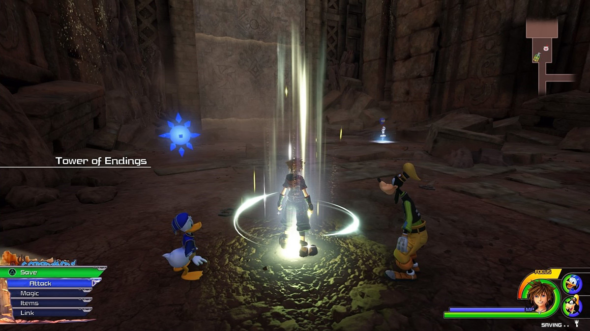 Sora at the Tower of Endings save point near the Battlegate 0 entrance / Kingdom Hearts 3