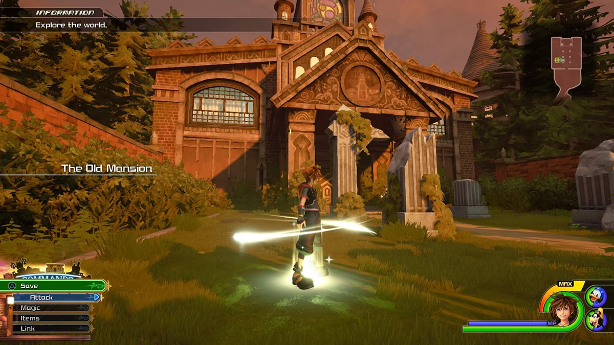 Sora at The Old Mansion save point / Kingdom Hearts 3