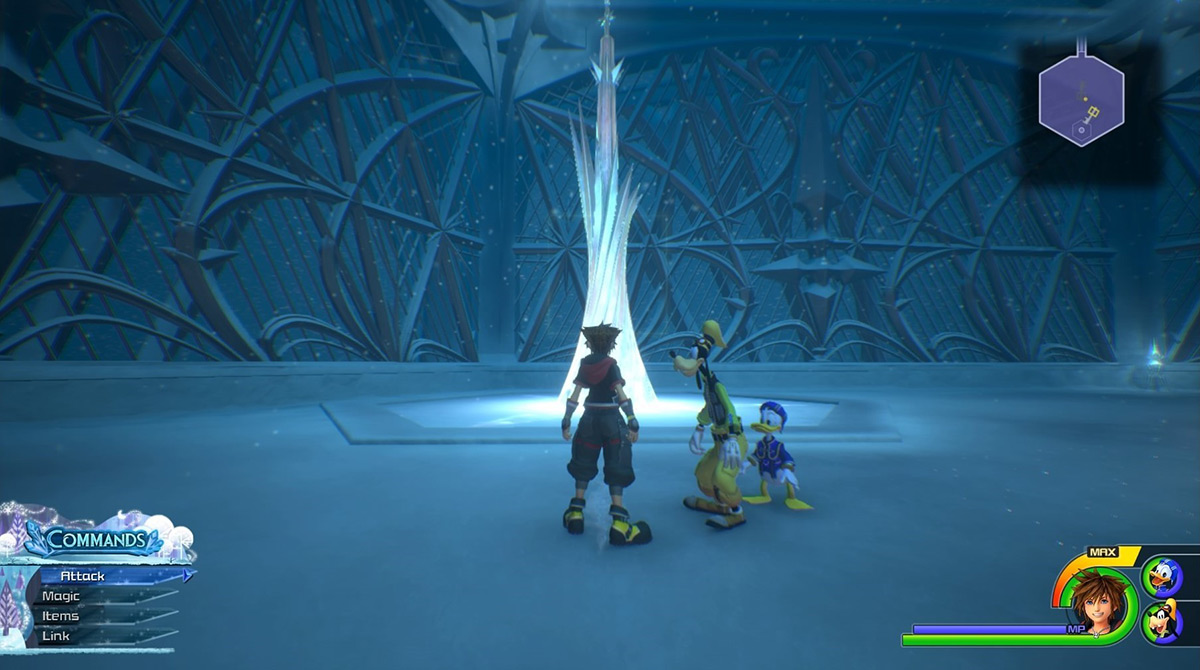 Head down the platform with the icy crystal pillar / Kingdom Hearts 3