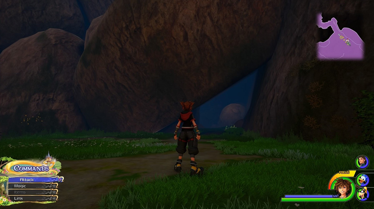 Sora at the cave entrance behind the Tower save point / Kingdom Hearts 3