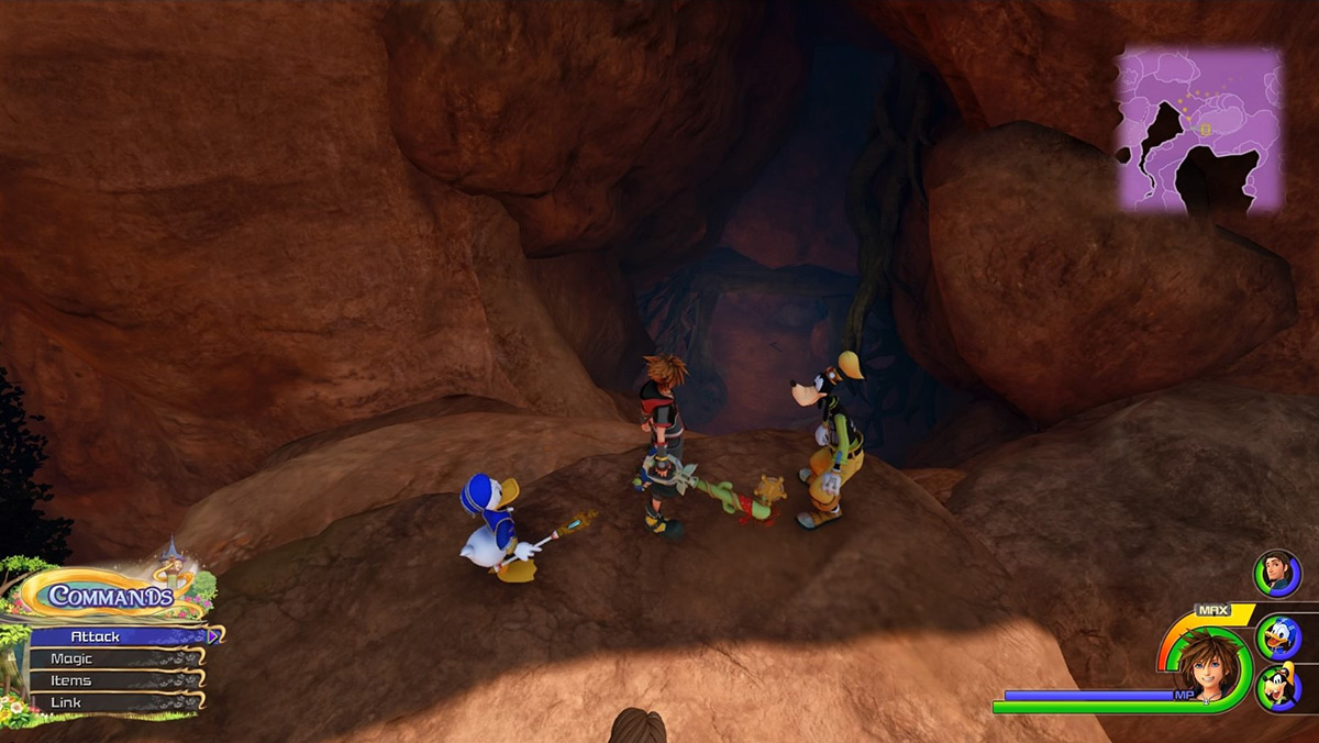 Sora at the cave entrance under the mountain / Kingdom Hearts 3