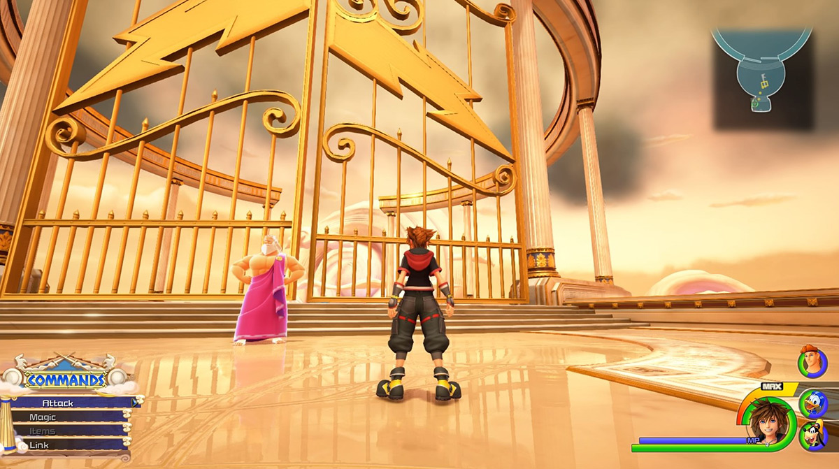 Sora examining the golden gates while ignoring Zeus / Kingdom Hearts 3