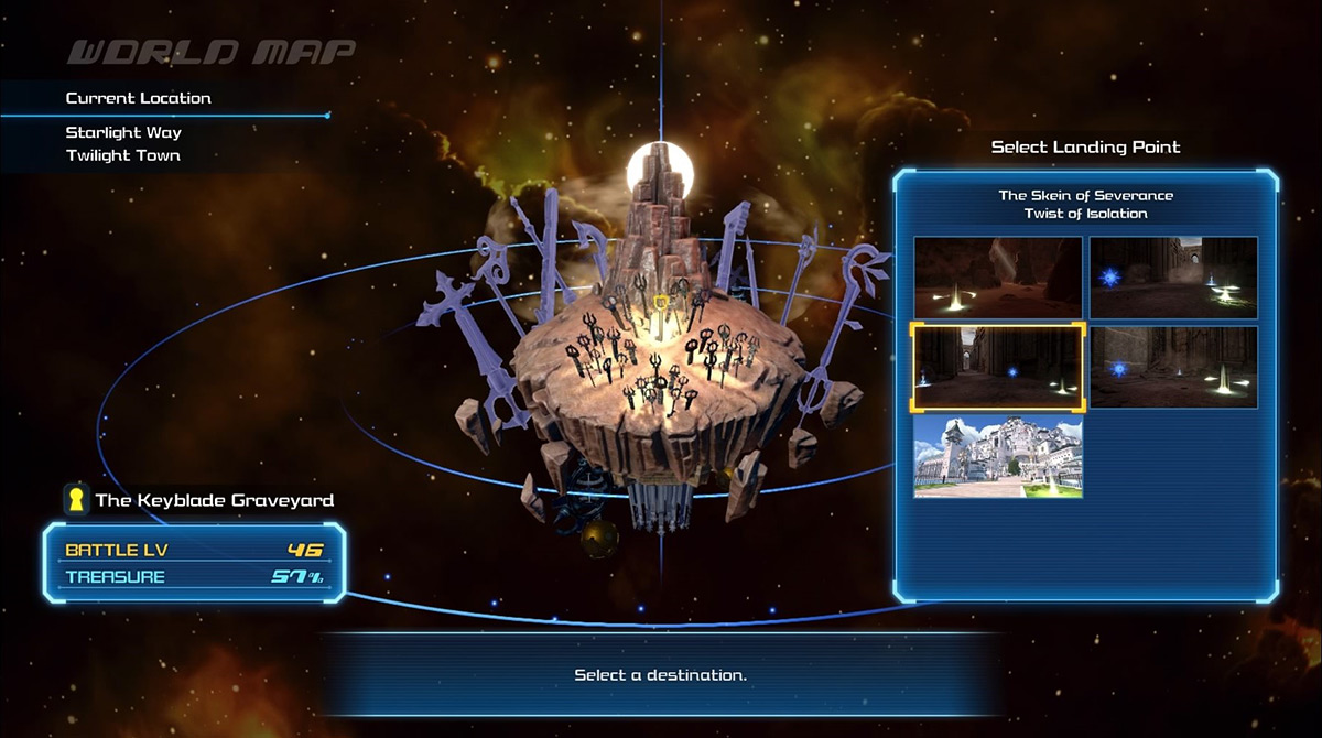 Choose between three warp locations that show the Battlegate 0 entrance / Kingdom Hearts 3