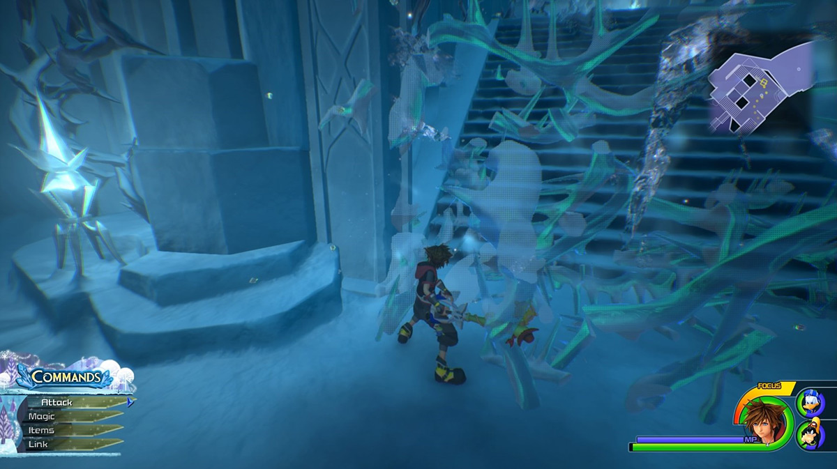 Only proceed through ice walls with stairs going up / Kingdom Hearts 3