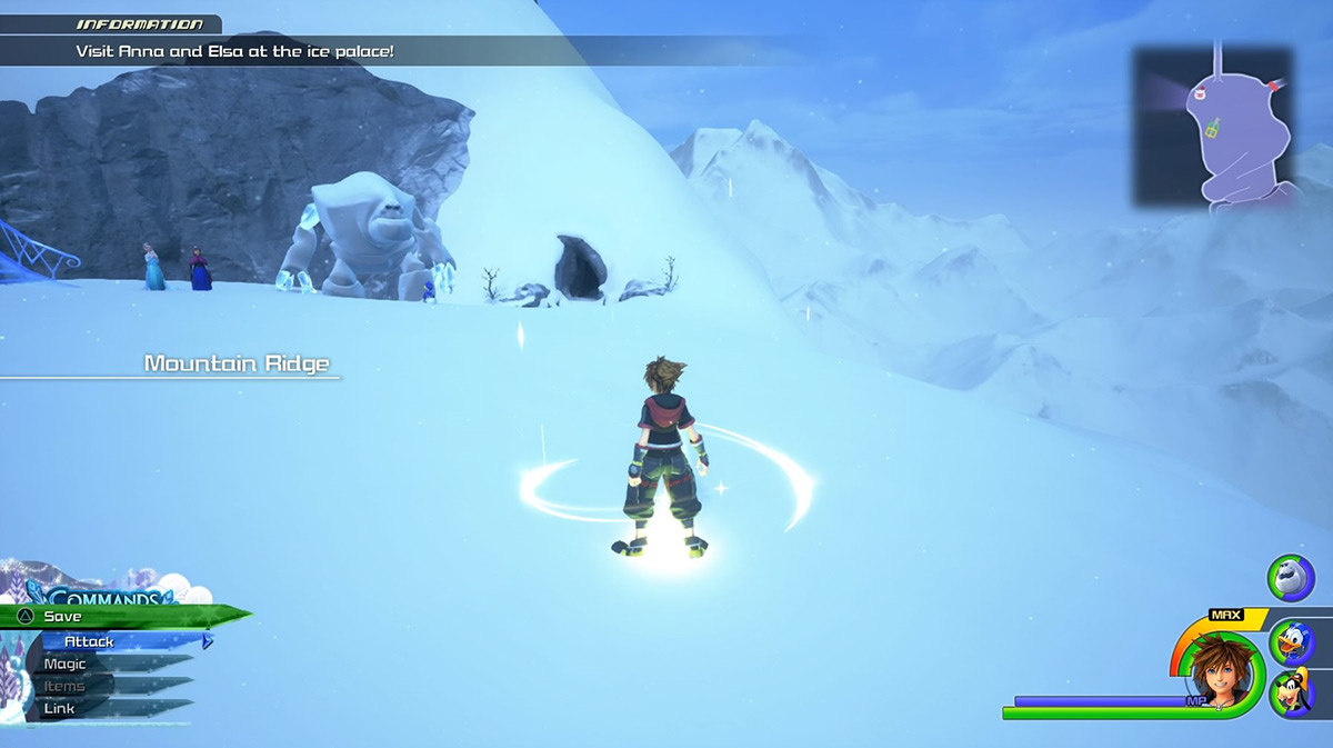 Sora arrives at the Mountain Ridge save point / Kingdom Hearts 3