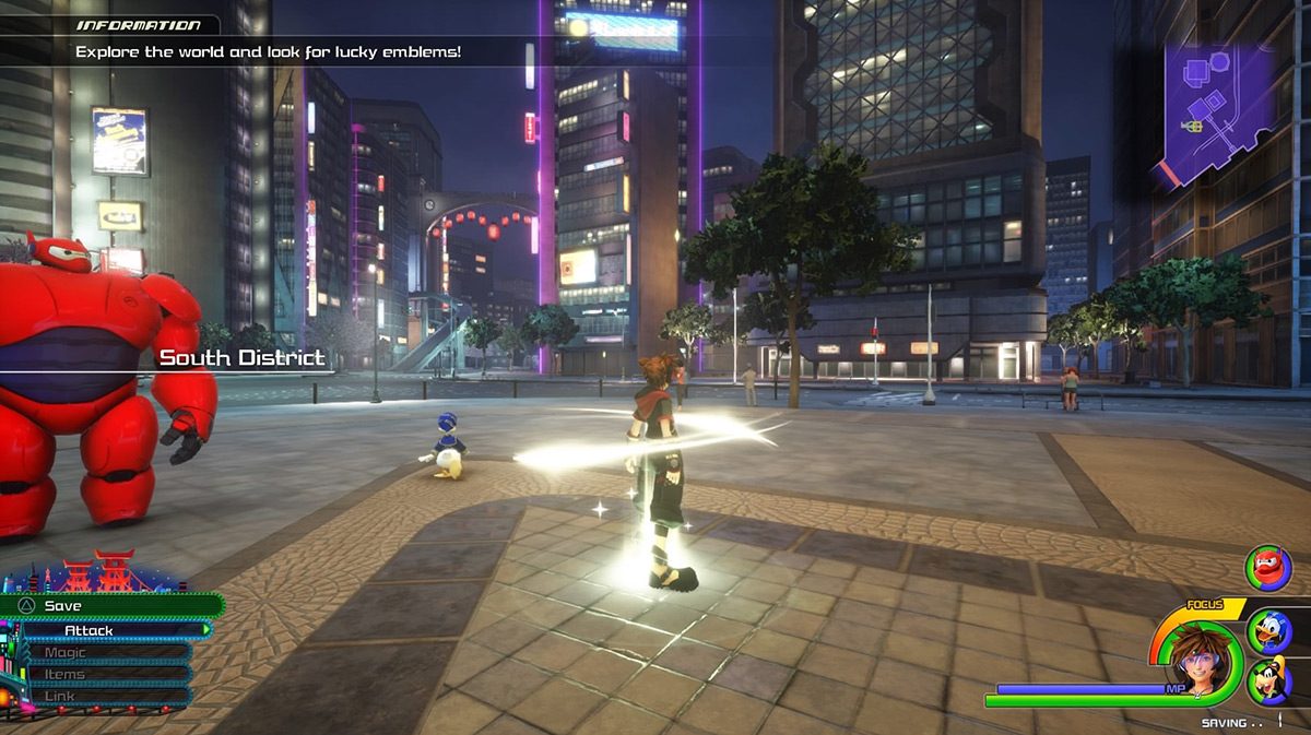 Sora at the South District: Night save point / Kingdom Hearts 3