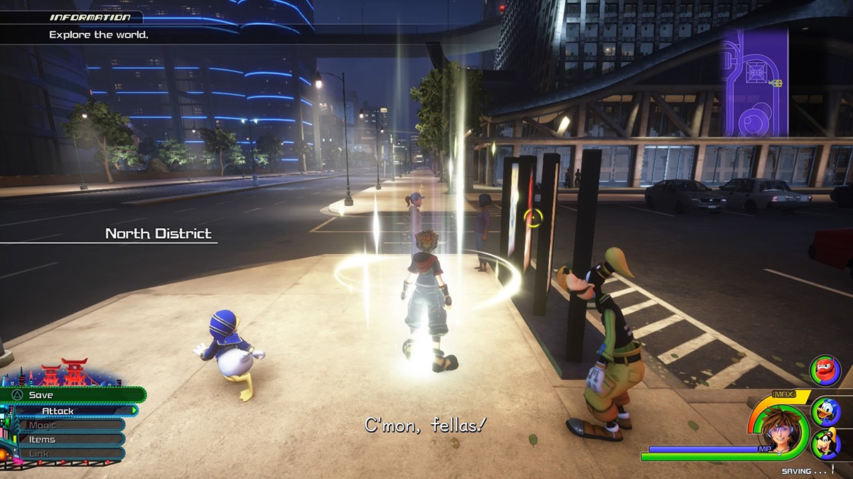 Sora, Goofy and Donald reach the North District: Night save point / Kingdom Hearts 3