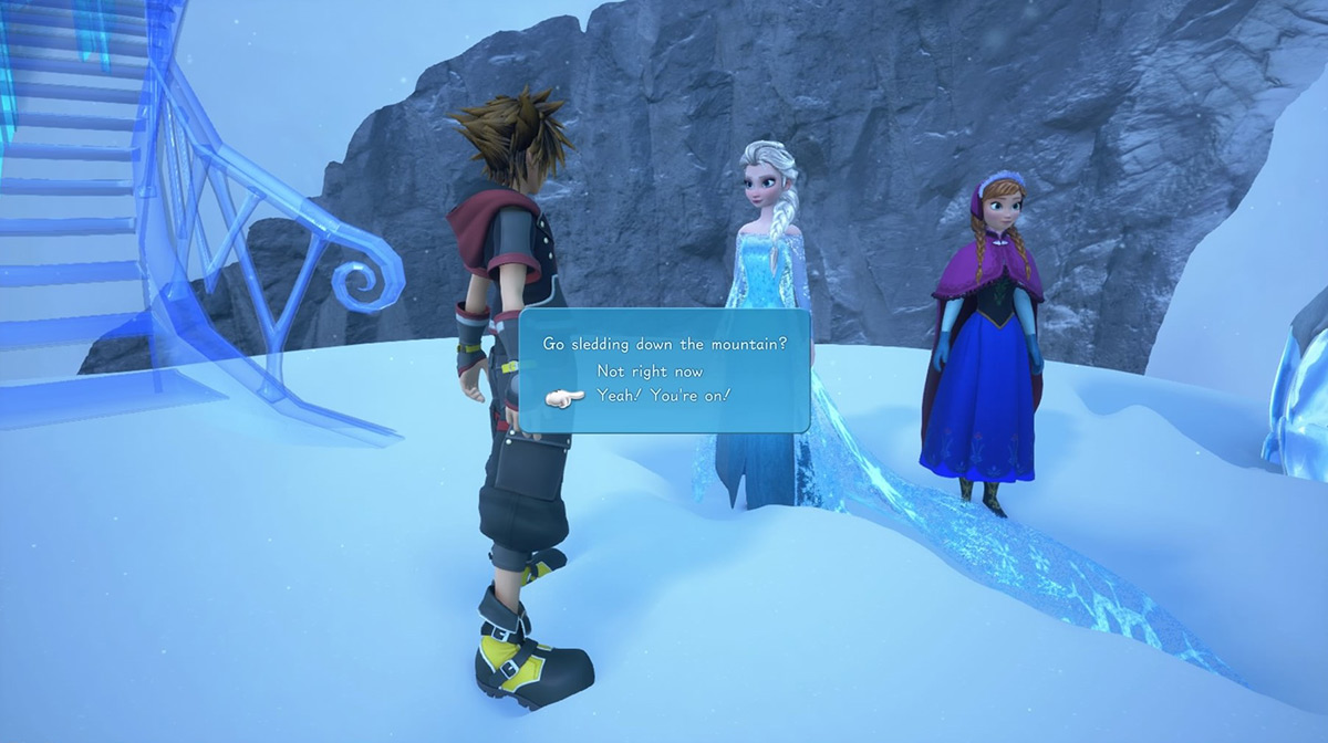 Talk to Elsa to play the Frozen Slider minigame / Kingdom Hearts 3