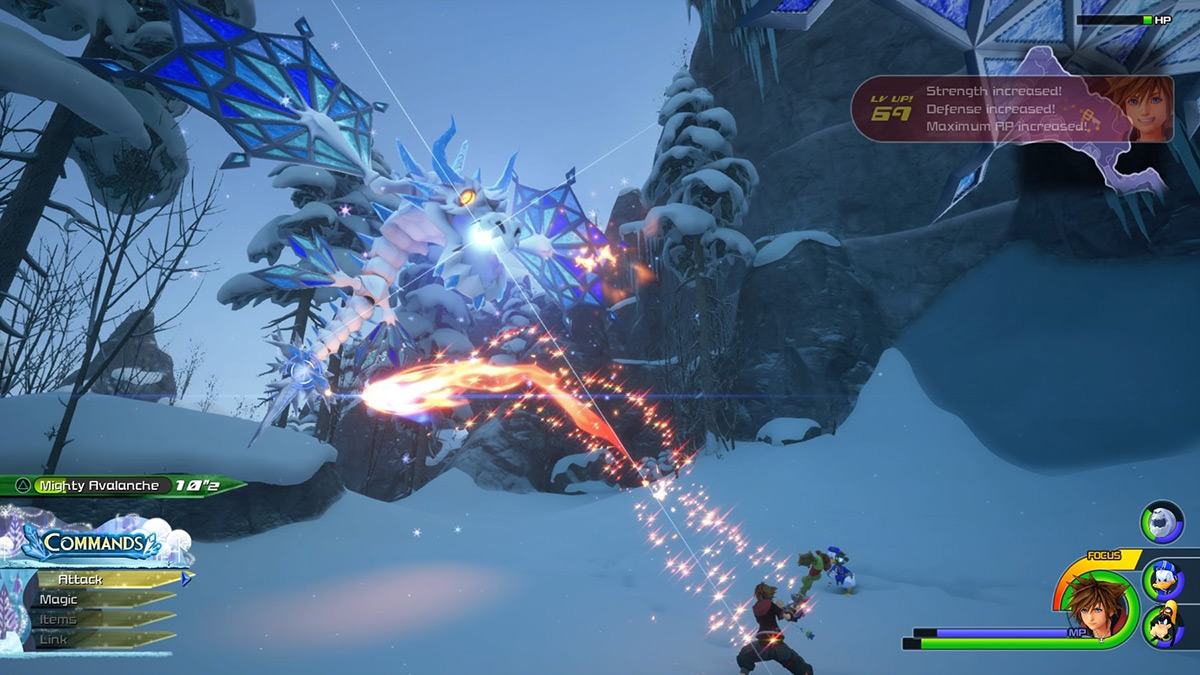 Sora casts Firaga at a Frost Serpent’s tail / Kingdom Hearts 3