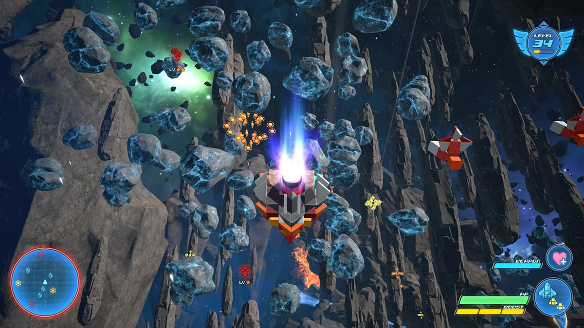 The Gummi Ship between a cluster of blue asteroids / Kingdom Hearts 3