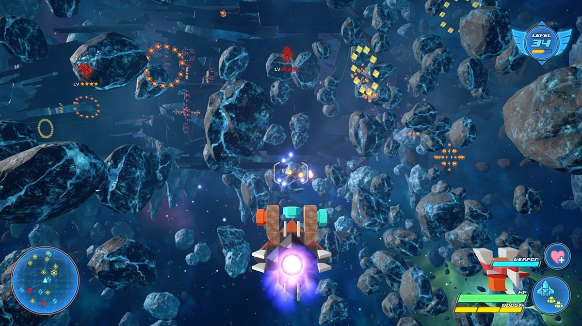 The Gummi Ship surrounded by blue asteroids / Kingdom Hearts 3