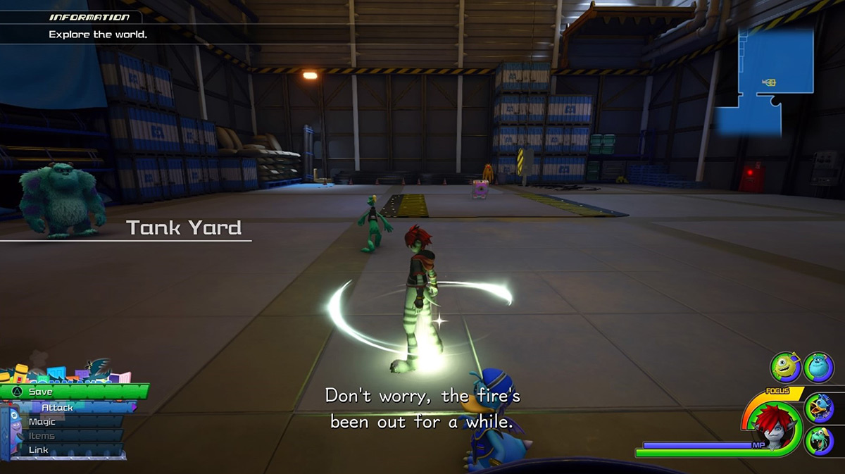 Sora at the Tank Yard save point / Kingdom Hearts 3