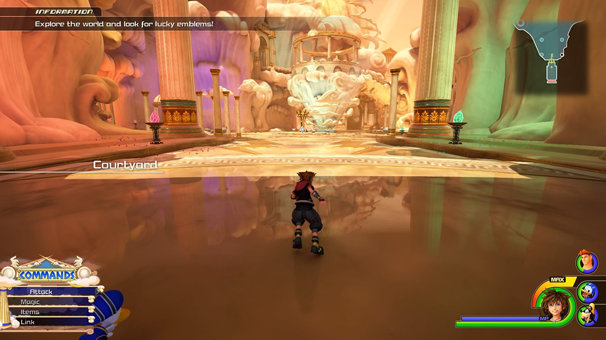 Sora heads towards the far end of the Courtyard / Kingdom Hearts 3