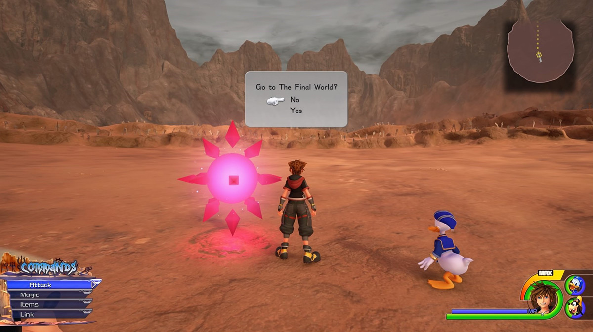 Examine the pink crystal to travel to The Final World / Kingdom Hearts 3