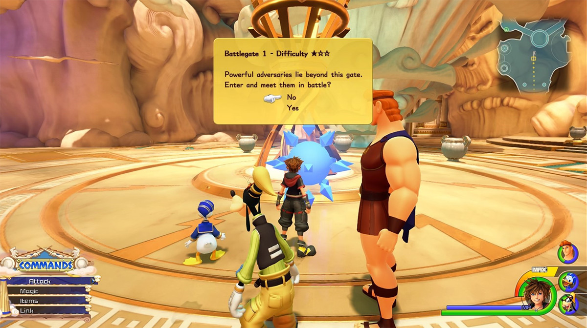 Sora examines the entrance to Battlegate 1 / Kingdom Hearts 3