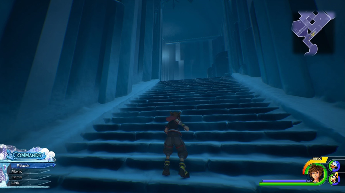 Sora taking the stairs up the passageway / Kingdom Hearts 3