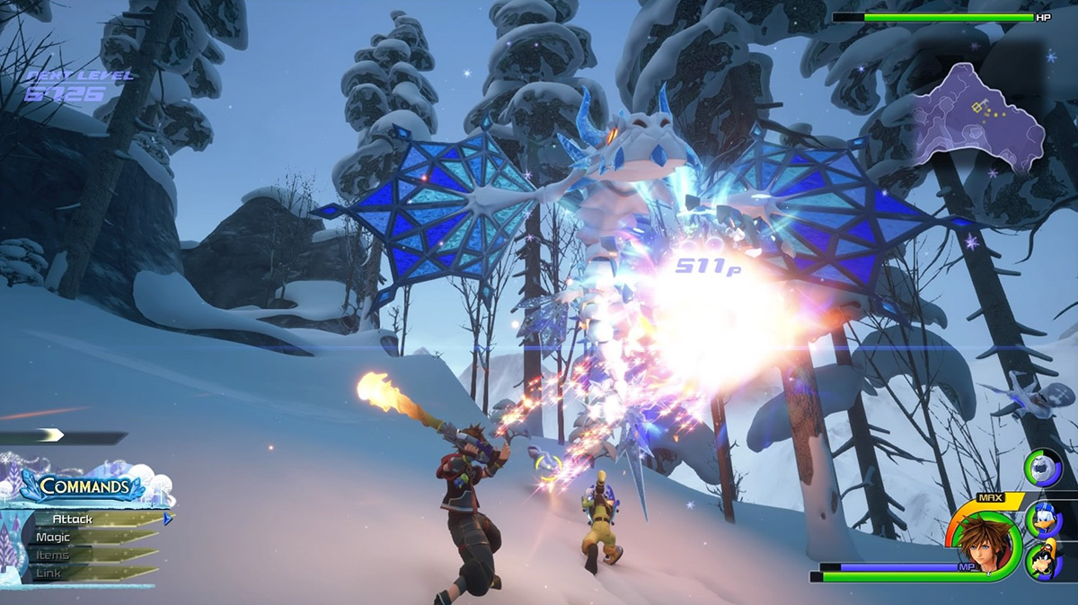 Sora launches a Firaga at a Frost Serpent’s tail / Kingdom Hearts 3