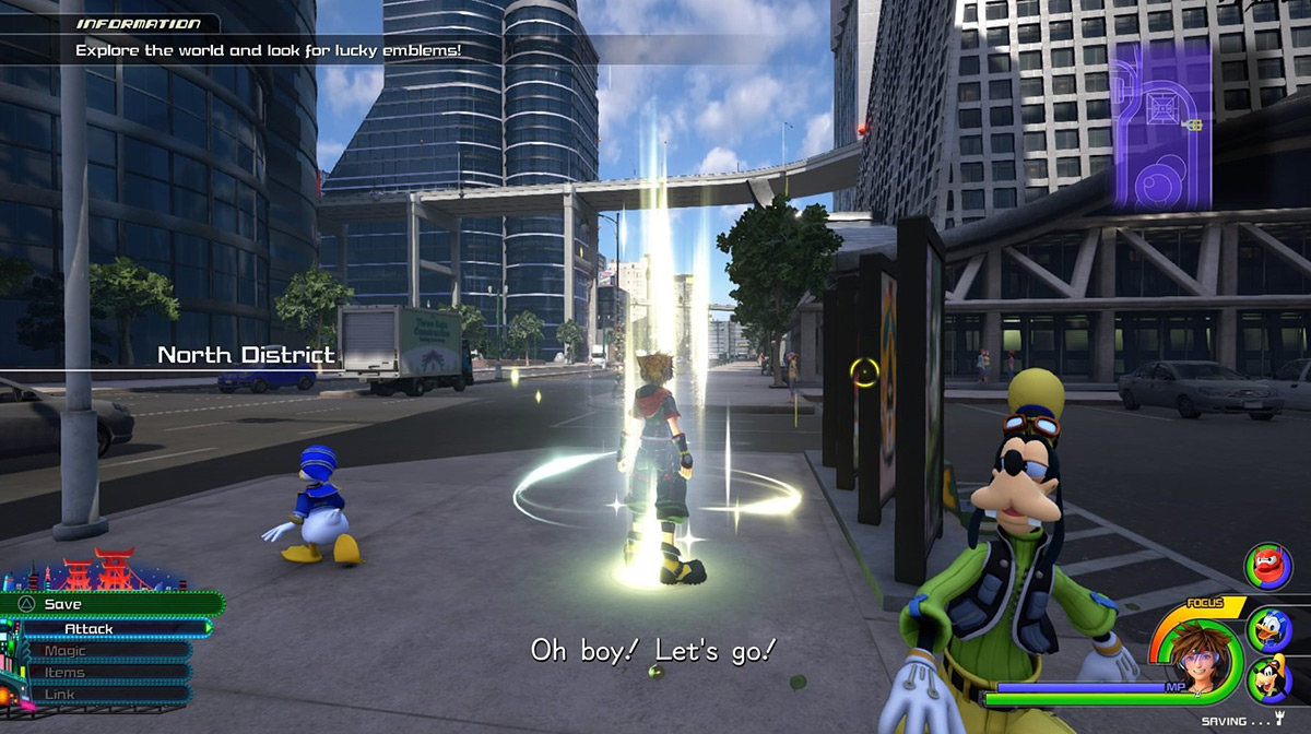 Sora at the North District save point / Kingdom Hearts 3