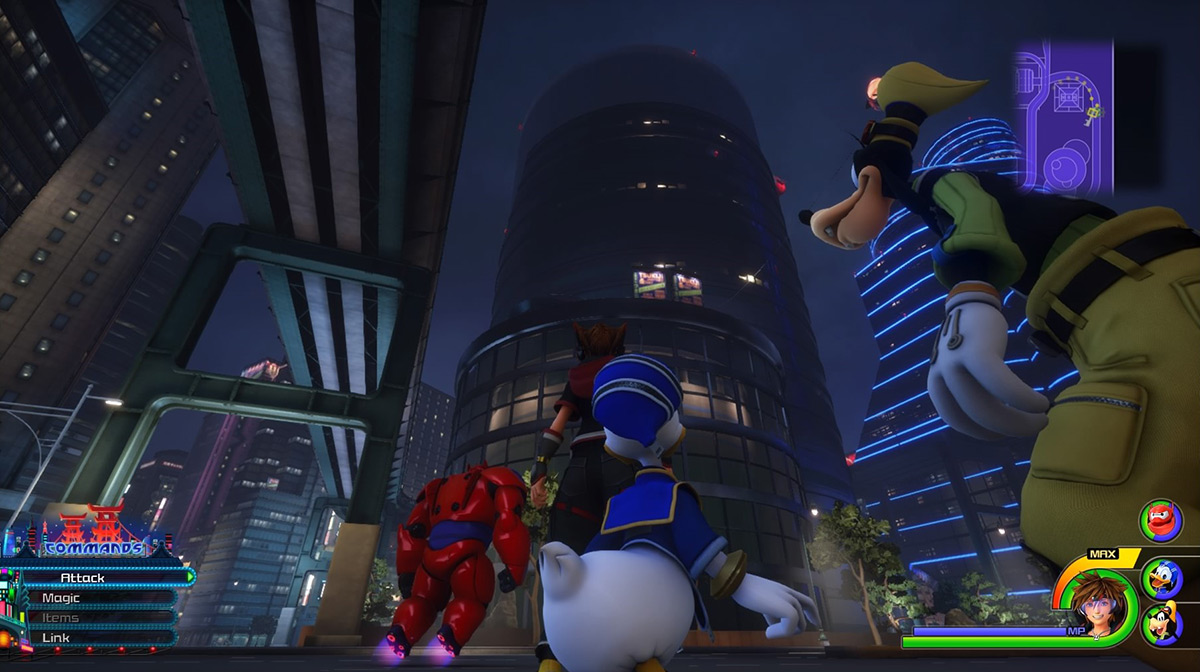 Sora and friends gazing up at the dark circular building / Kingdom Hearts 3