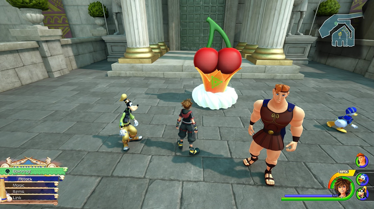 The Flan hide underground with only their fruit hats visible / Kingdom Hearts 3