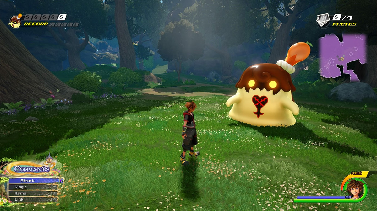 A giant Flan wearing an orange fruit hat meets Sora / Kingdom Hearts 3