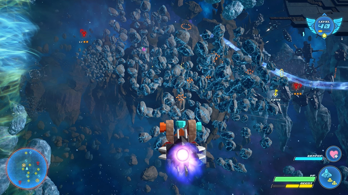 The Gummi Ship approaches a vast cluster of blue asteroids / Kingdom Hearts 3