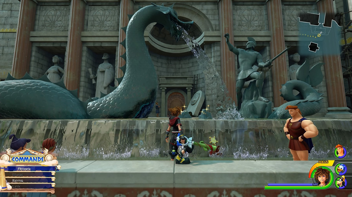 Enter the building behind the fountain to reach the Alleyway / Kingdom Hearts 3