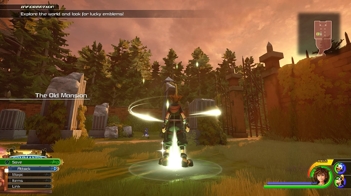 Head outside The Old Mansion to enter The Woods / Kingdom Hearts 3