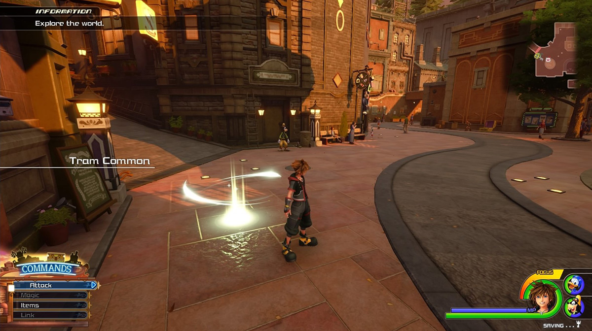 Sora arrives at the Tram Common save point / Kingdom Hearts 3