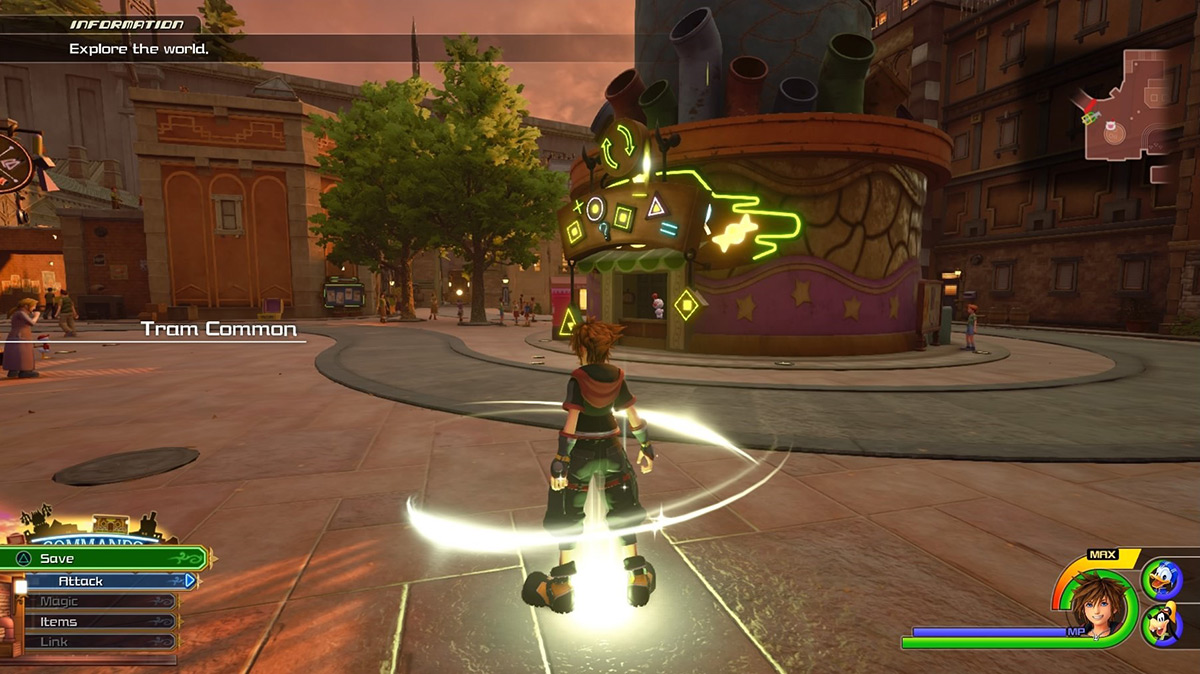 Sora at the Tram Common save point / Kingdom Hearts 3