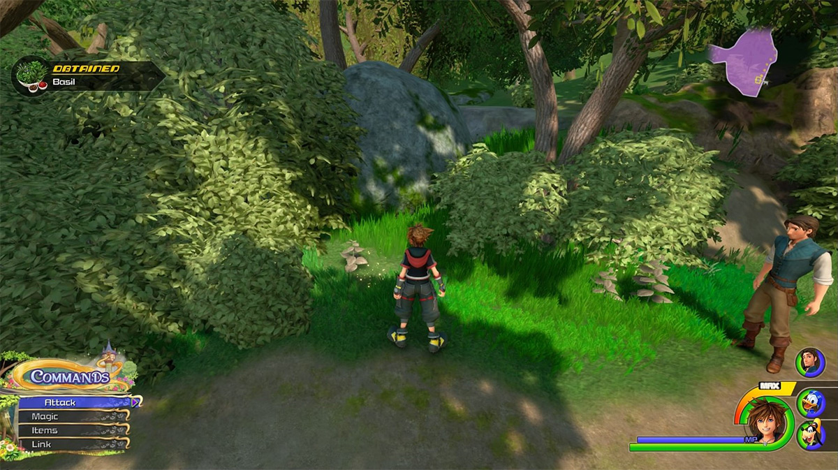 Search the bushes near the bridge on the Shore to find Basil / Kingdom Hearts 3