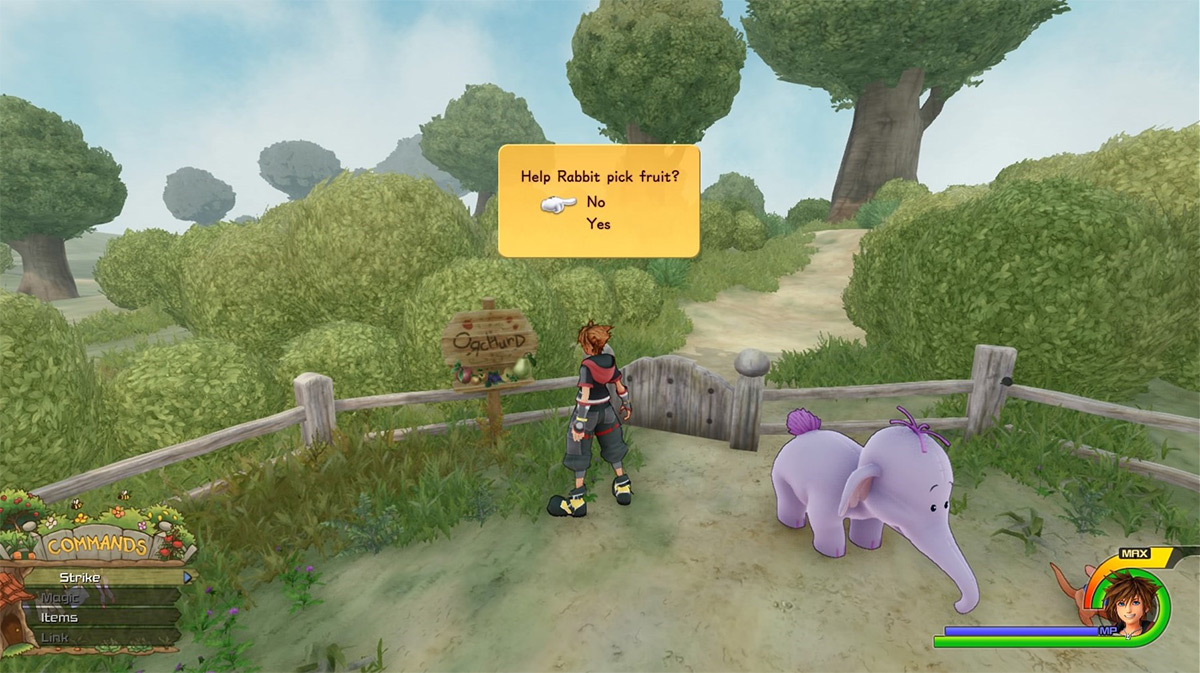 Examine the sign beside Lumpy to play Lumpy’s Fruit Parade / Kingdom Hearts 3