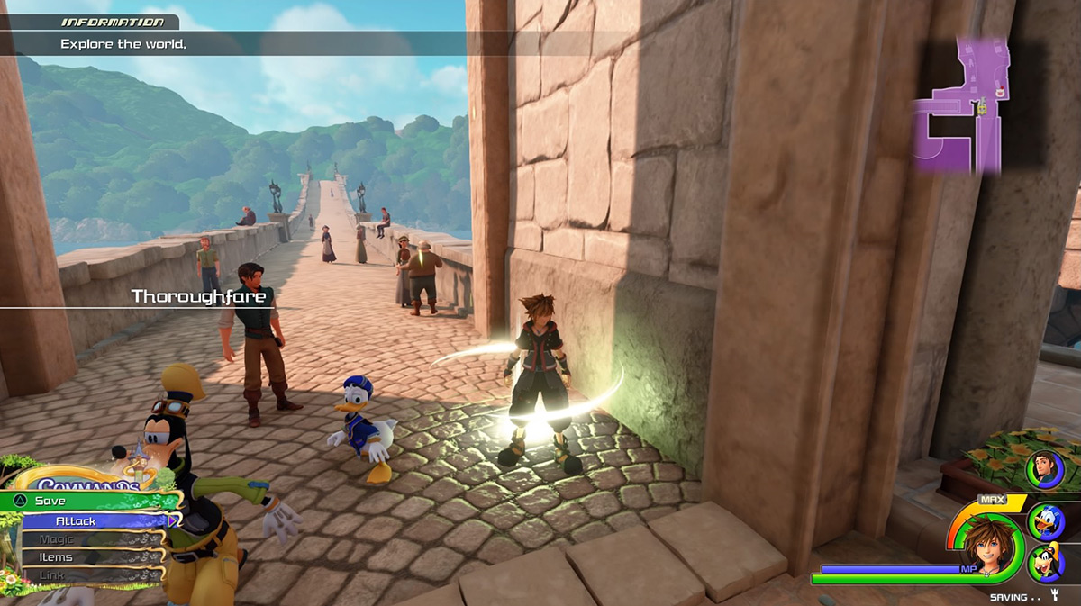 Cross the bridge behind the save point to reach the Shore / Kingdom Hearts 3