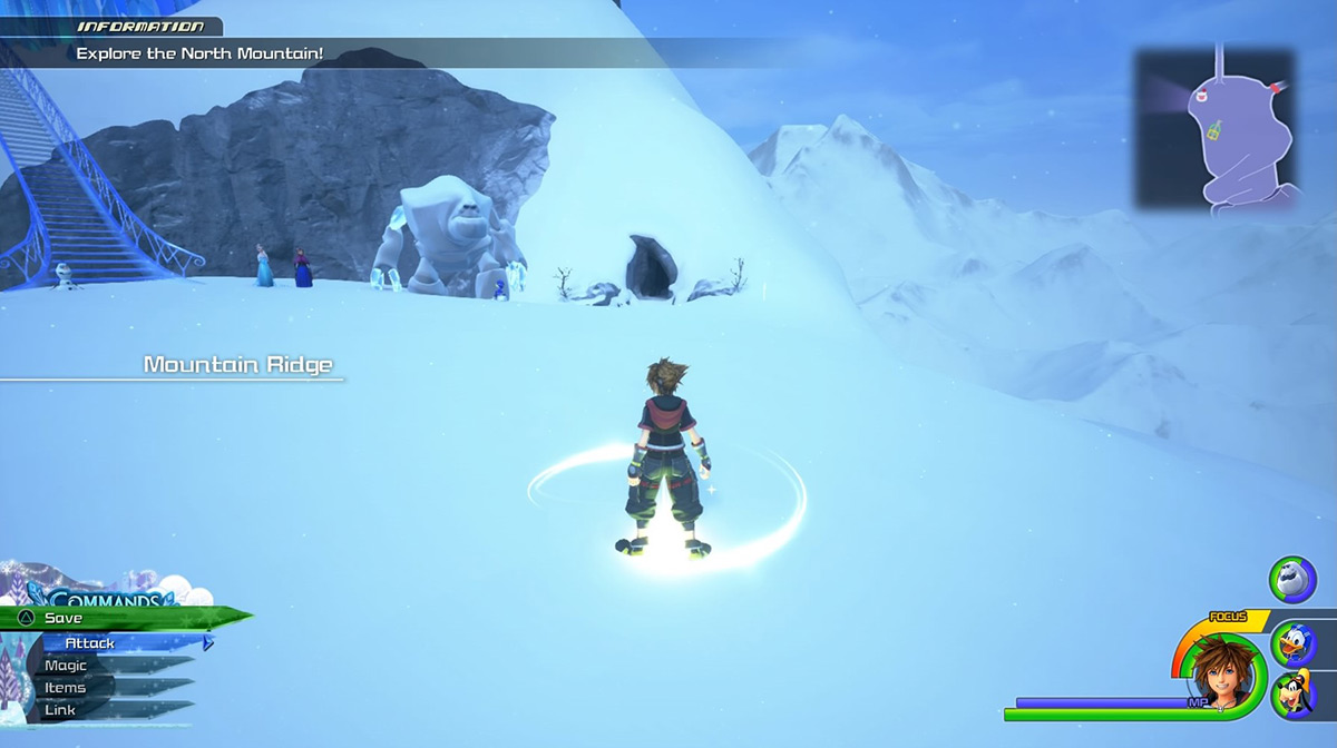 Enter the cave near the save point to reach the Frozen Wall area / Kingdom Hearts 3