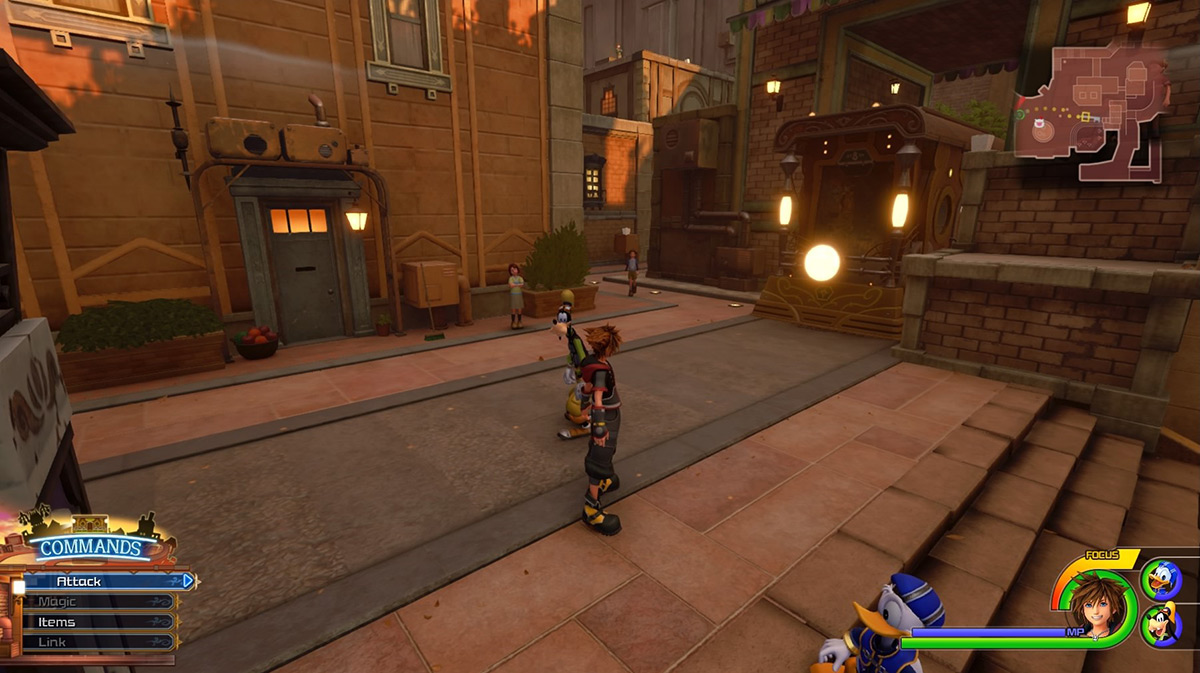 Follow the tram tracks towards a bricked archway to reach the back alley / Kingdom Hearts 3