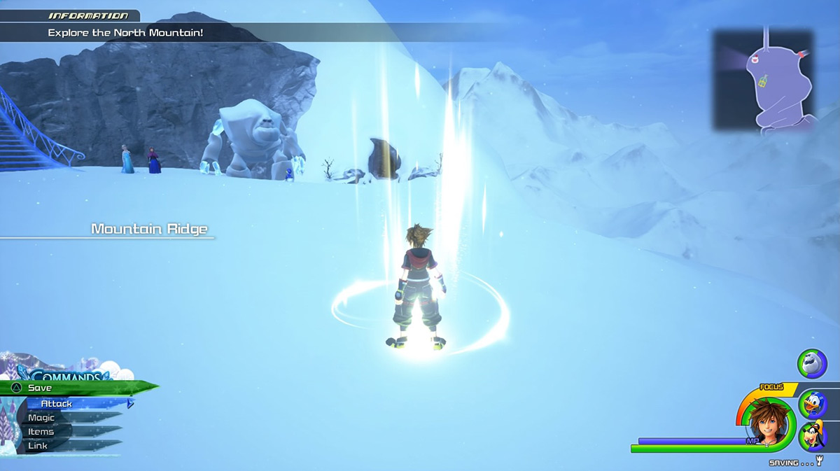 From the save point, enter the cave ahead to reach the Frozen Wall area / Kingdom Hearts 3