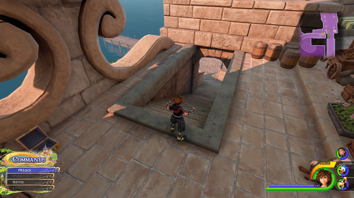 Go down the stairs beside the save point to reach the Wharf area / Kingdom Hearts 3