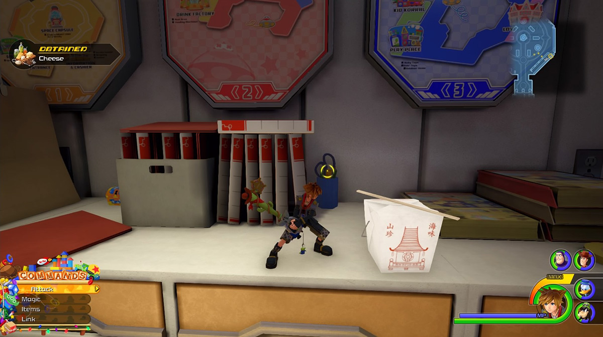 Hit the lunch box behind the counter on the first floor to obtain Cheese / Kingdom Hearts 3