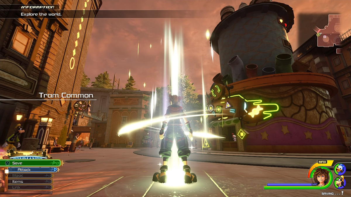 Sora arrives at the Tram Common save point / Kingdom Hearts 3