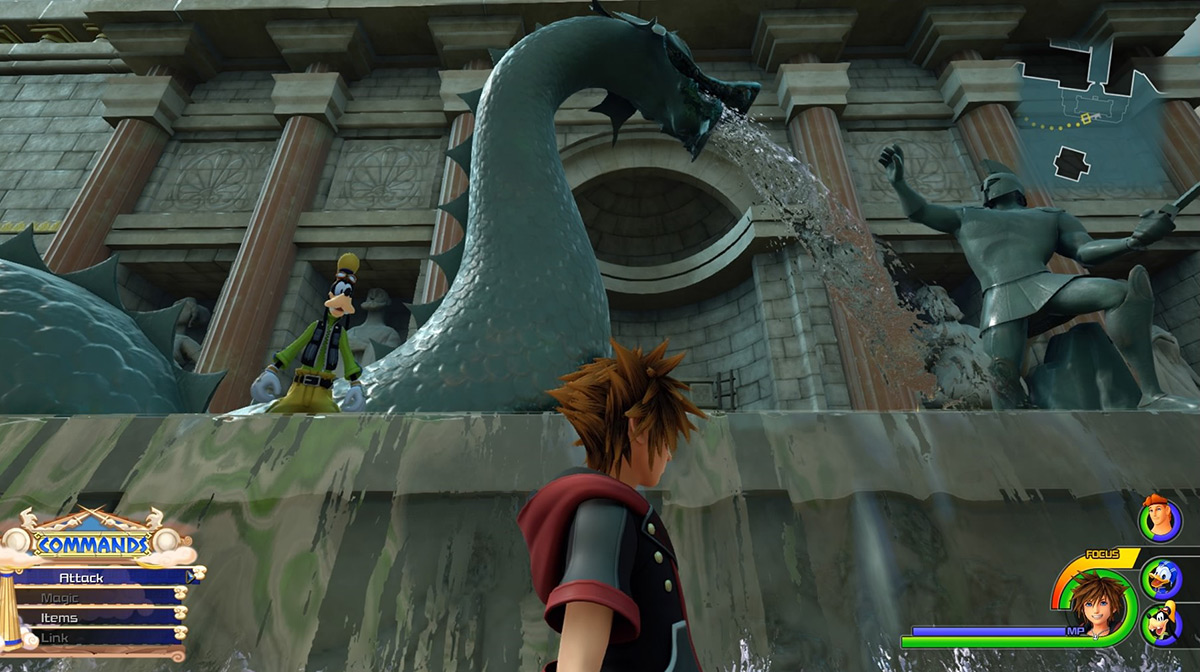 Sora under the giant serpent fountain / Kingdom Hearts 3