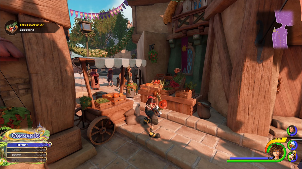 The last vegetable stall northwest of the save point gives Eggplant / Kingdom Hearts 3