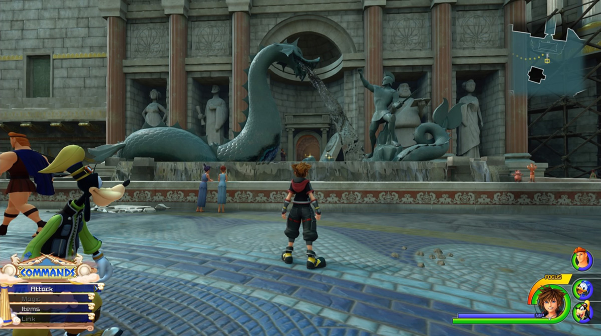 There’s a shortcut to the Alleyway behind the serpent fountain / Kingdom Hearts 3