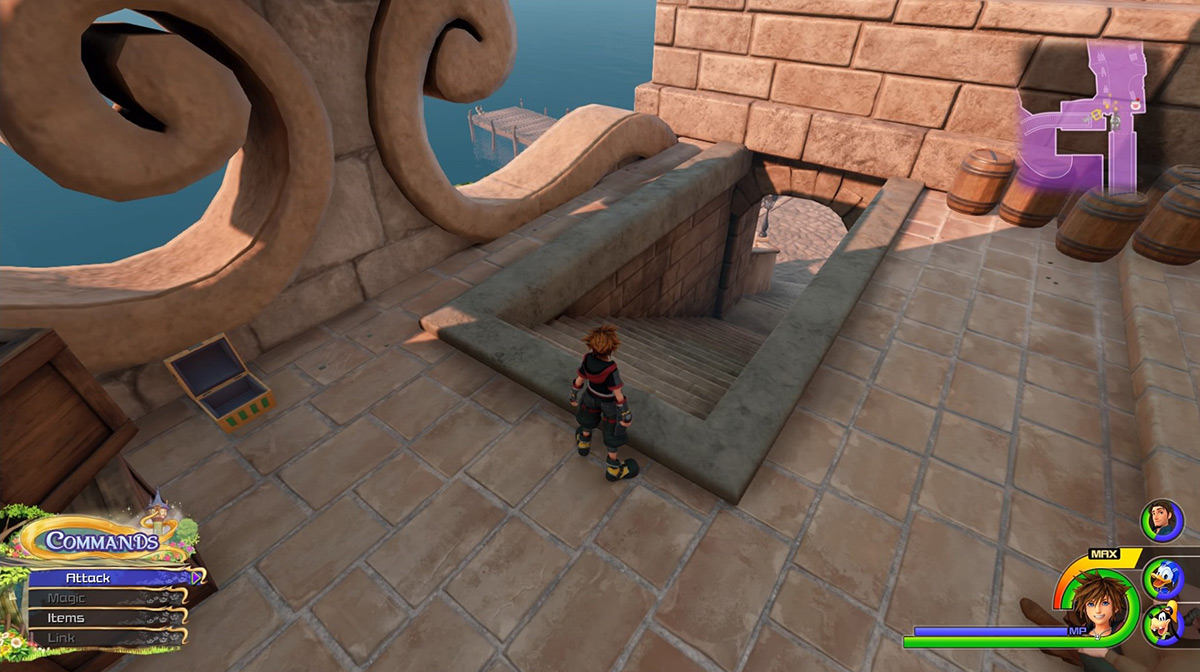 Turn left from the save point and head down the stairs to reach the docks / Kingdom Hearts 3